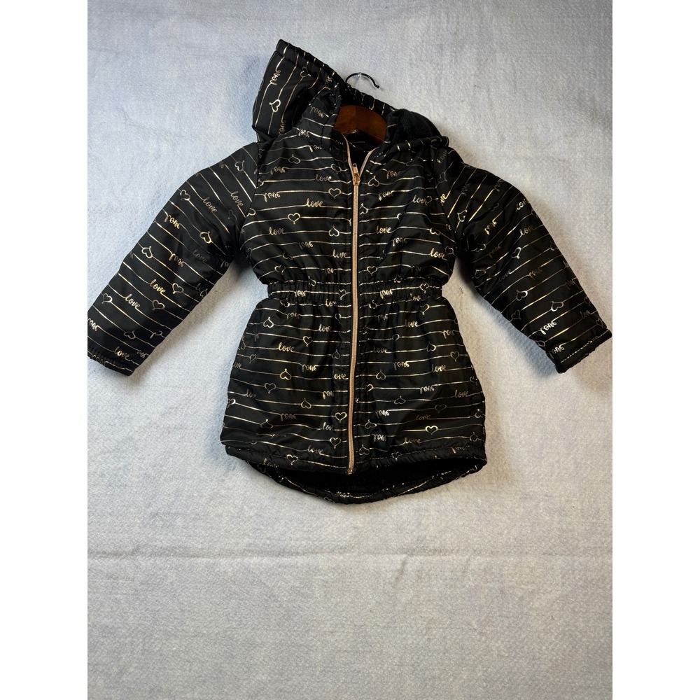 Penelope Mack Girls Black Gold Foil Love Heart Puffer Jacket Faux Fur Lined 4
